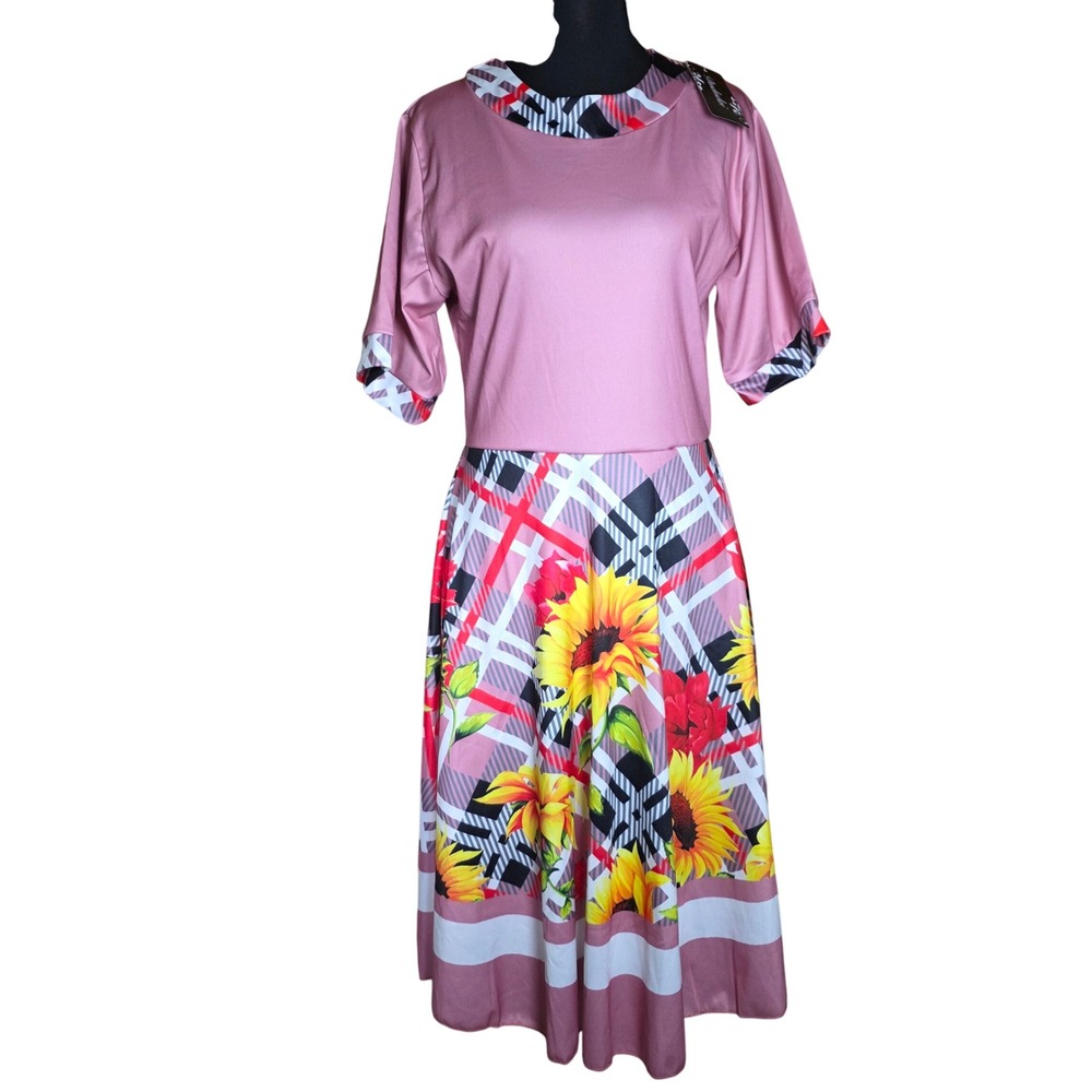 Dududai Floral Sunflower Plaid Print Midi‎ Dress Casual Pink Short Sleeve XL